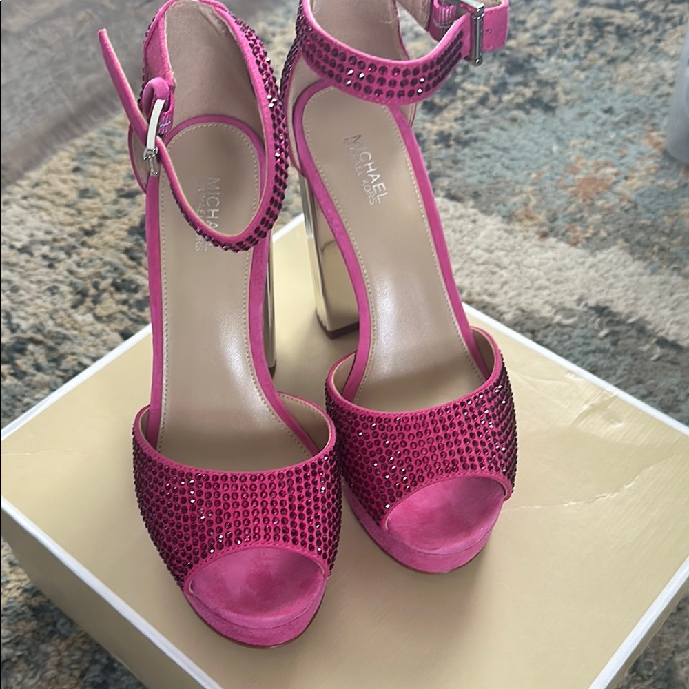 Michael Kors Pink Rhinestone Peep-Toe Heels Size 6 1/2 M Firm